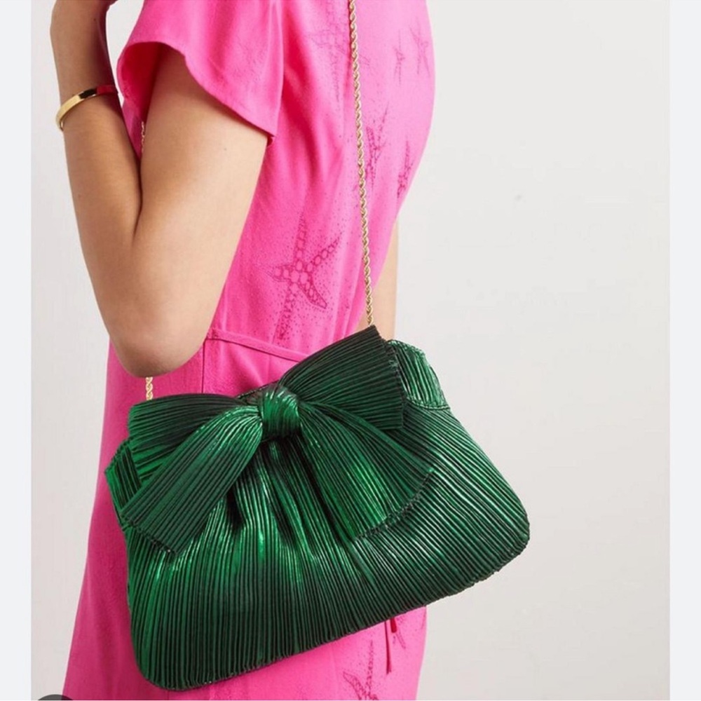NWT Loeffler Randall Rayne Bow Clutch Lame Emerald Green